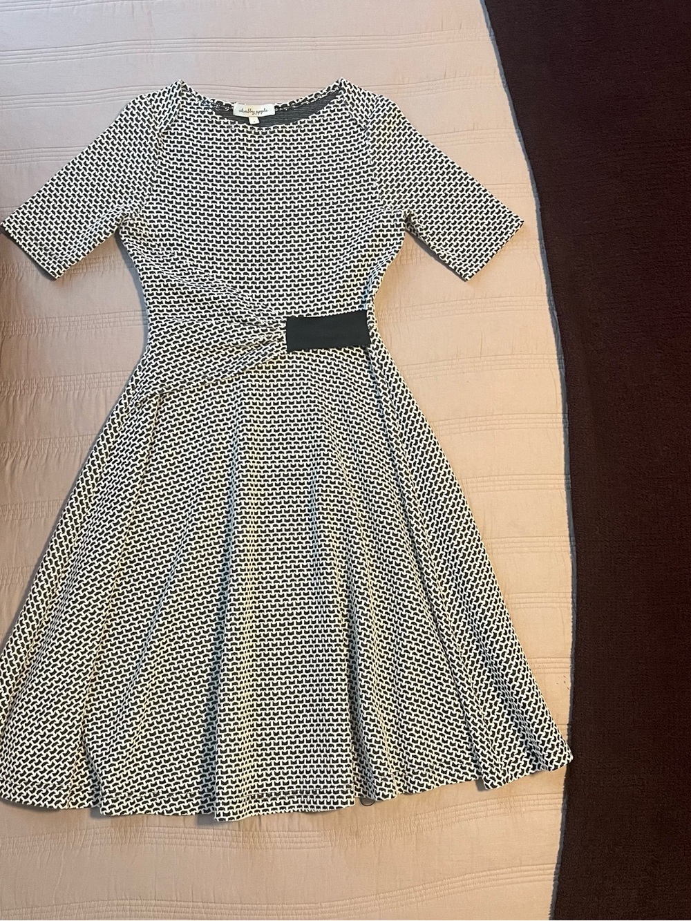Shabby Apple Black and White Geometric Midi Fit-and-Flare Dress